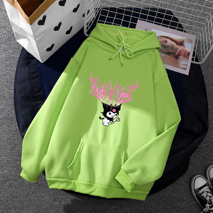 Damen lockeres Kapuzensweatshirt aus angerautem Fleece mit Kängurutasche und kawaii-Charakter-Print – Auréline