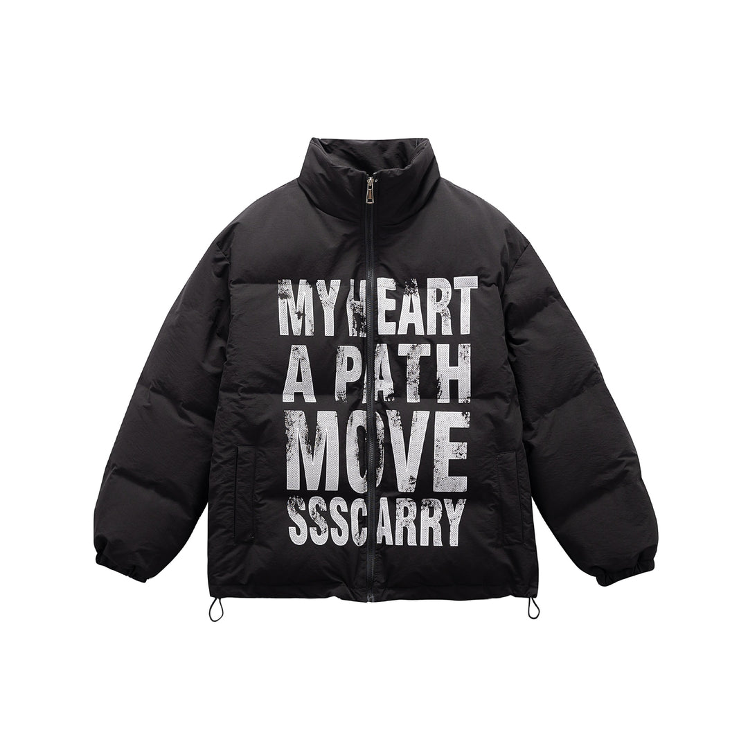 Unisex Oversize Steppjacke mit hohem Stehkragen und Statement-Print Echoarchiv