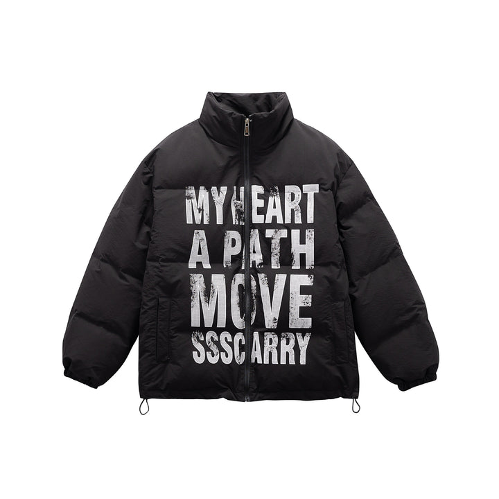 Unisex Oversize Steppjacke mit hohem Stehkragen und Statement-Print Echoarchiv