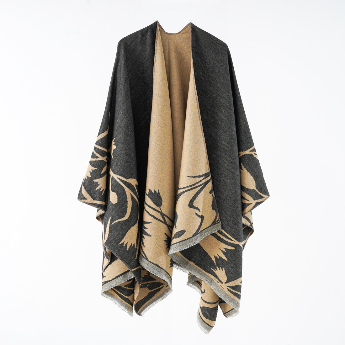 Damen Wendbarer Oversize-Capeponcho aus Wollmix mit floraler Jacquardwebung – Célinea