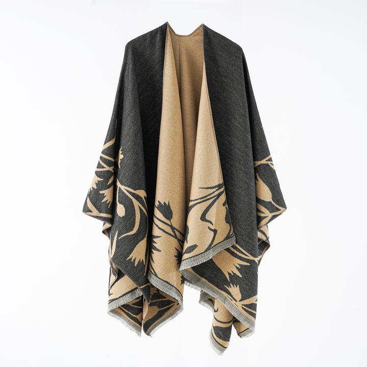 Damen Wendbarer Oversize-Capeponcho aus Wollmix mit floraler Jacquardwebung Echo Archiv