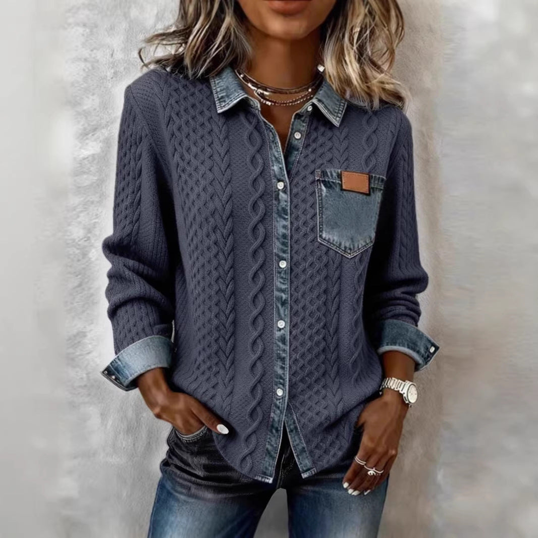 Damen nan geflochtener Strickpullover mit integriertem Jeanskragen und Brusttasche Echo Archiv
