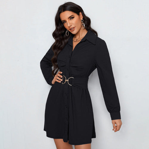Damen Hemdblusen‑Minikleid mit Taillengürtel und dekorativem Metallring Echoarchiv