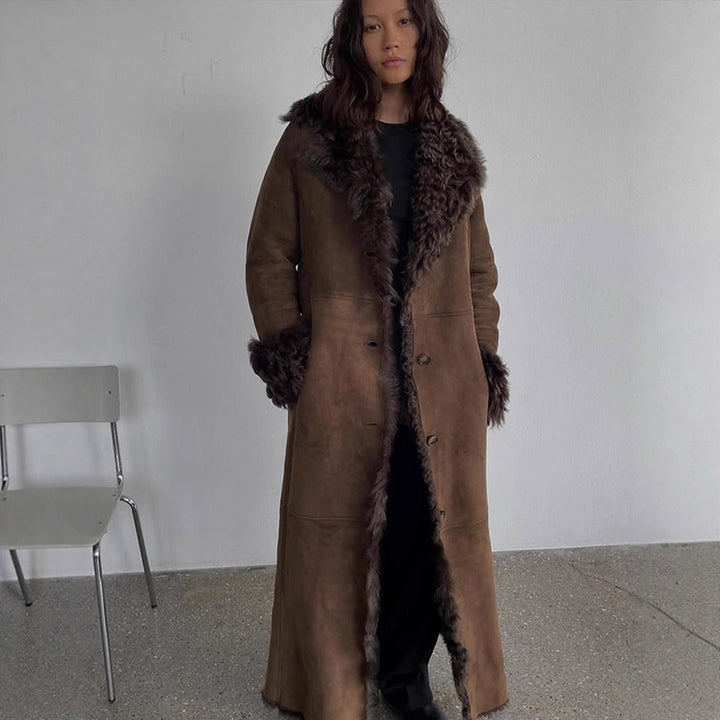 Damen Maxilanger Kunstvelours-Mantel im Shearling-Stil mit Schalkragen und Knopfleiste Echoarchiv