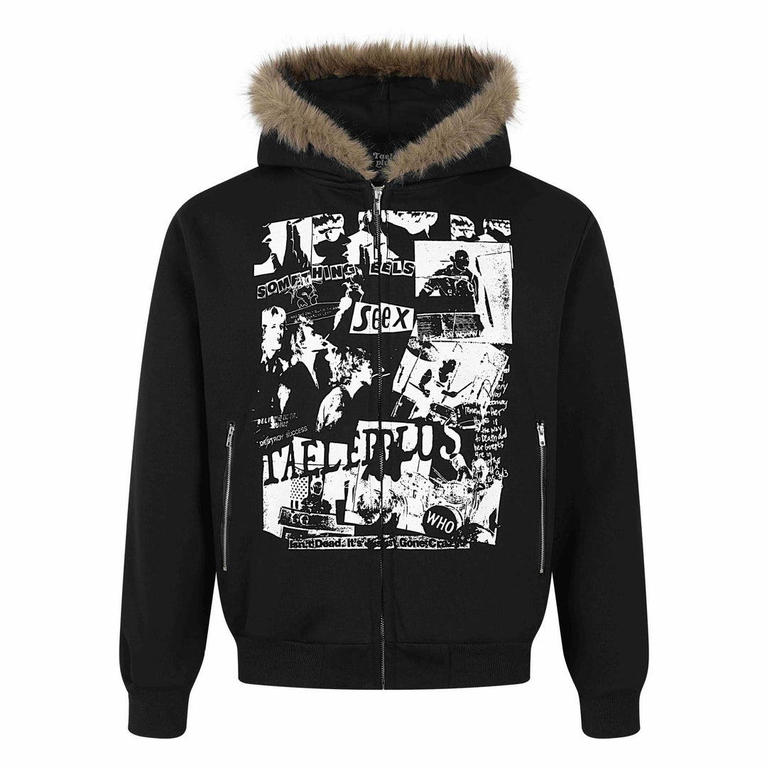Damen Kapuzen‑Sweatjacke mit Kunstfellbesatz, Frontzip und Collage‑Print Echoarchiv