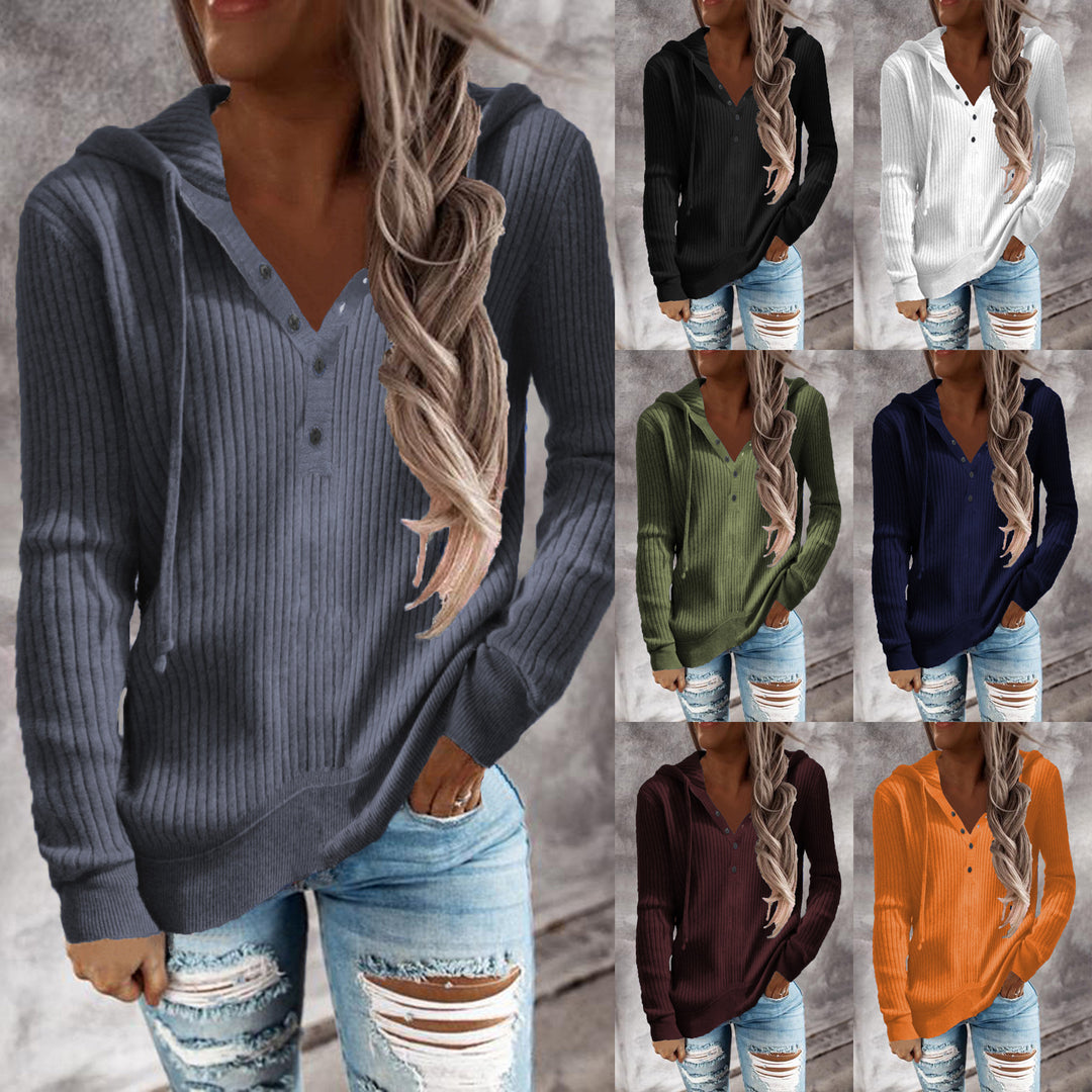 Damen Lässiger gerippter Hoodie-Pullover mit Henley-Knopfleiste und Tunnelzug Echoarchiv
