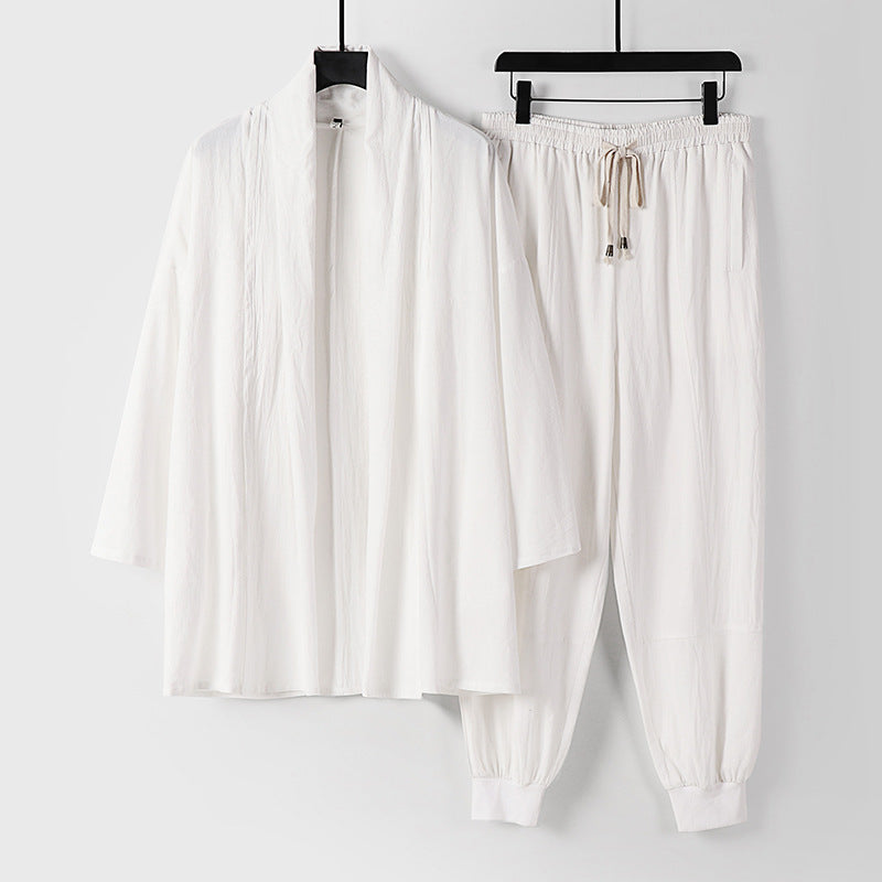 Unisex Luftiges Freizeit-Set im Kimono-Stil mit Schalkragenjacke und konisch zulaufender Joggerhose Echoarchiv