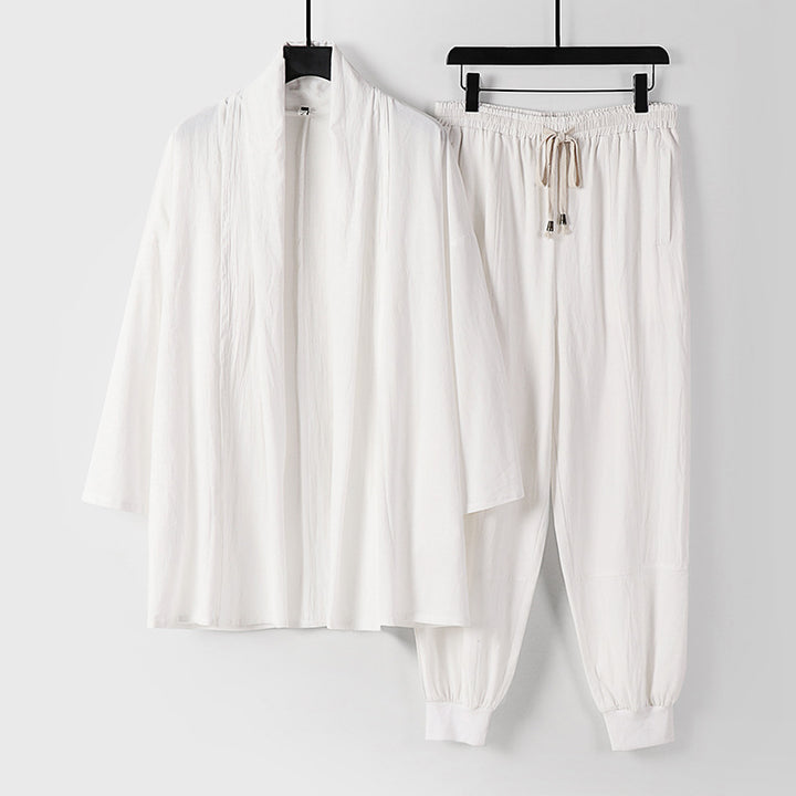 Unisex Luftiges Freizeit-Set im Kimono-Stil mit Schalkragenjacke und konisch zulaufender Joggerhose Echoarchiv