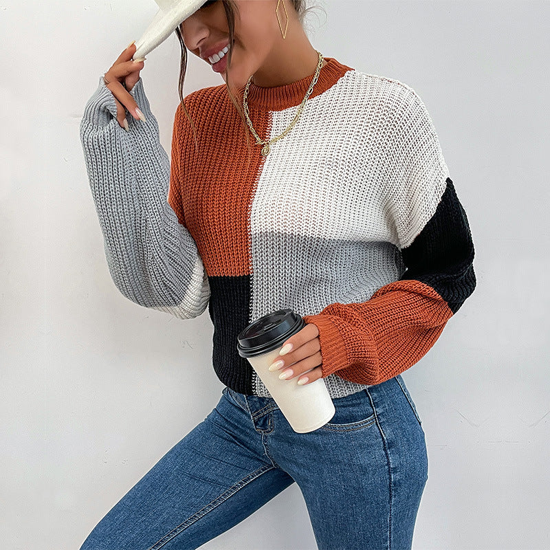 Damen Grobgestrickter Colorblock-Pullover Oversize mit Rundhals & Ballonärmeln Echoarchiv