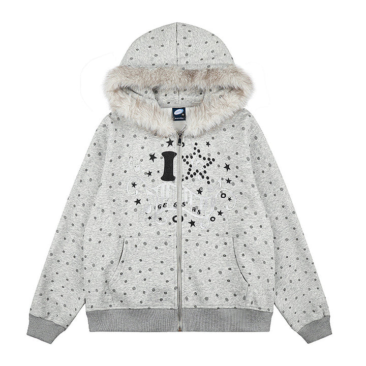 Damen Gepunktete Kapuzen-Sweatjacke mit Kunstfellbesatz, durchgehendem Reißverschluss und Kängurutaschen Echoarchiv