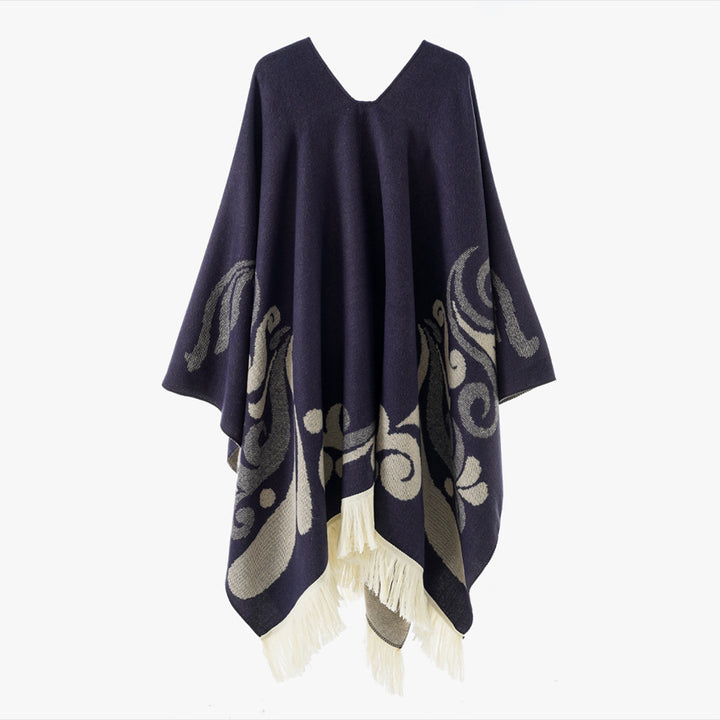 Damen Wollmix-Poncho im Umhangstil mit V-Ausschnitt, kontrastierendem Ornament-Jacquard und Fransen – Montévia