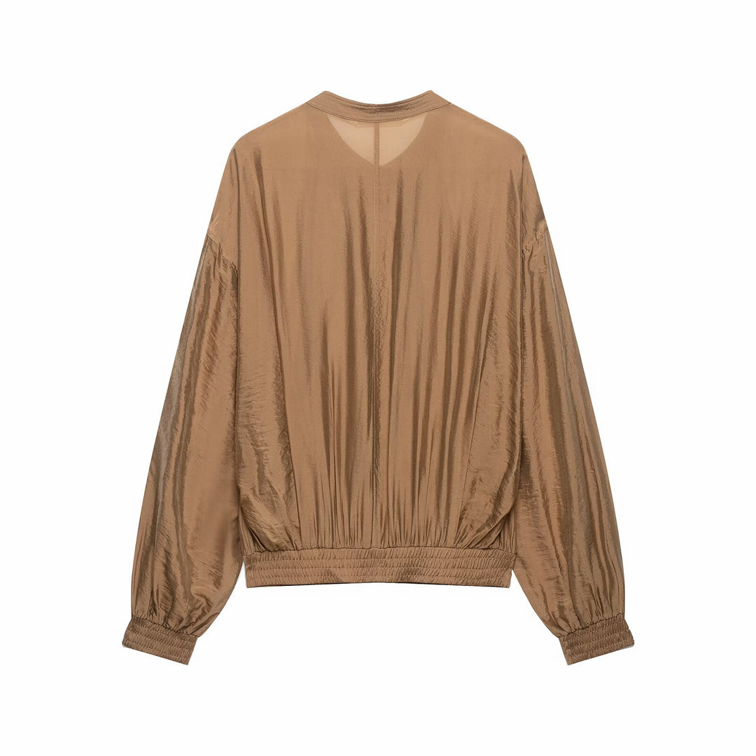 Damen Plissiertes Blouson-Top mit Rundhalsausschnitt, Ballonärmeln und gesmoktem Saum Echo Archiv