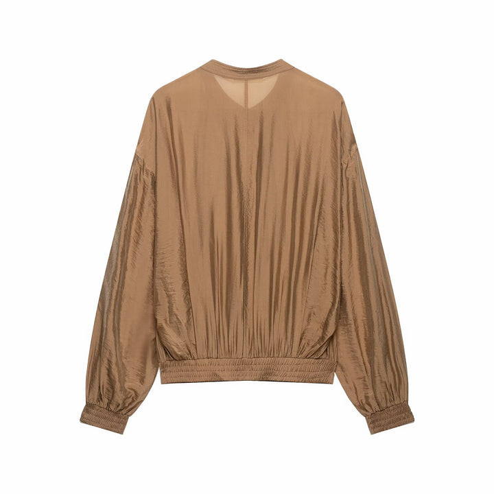 Damen Plissiertes Blouson-Top mit Rundhalsausschnitt, Ballonärmeln und gesmoktem Saum Echo Archiv