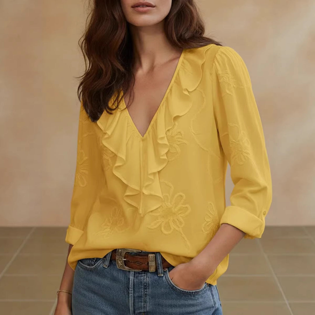 Damen elegante Bluse mit Volant und floralem Stickmuster Echo Archiv