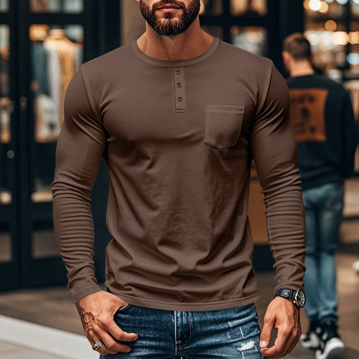 Herren nan schlankes Langarm-Buttonshirt mit kurzer Knopfleiste und Brusttasche Echo Archiv