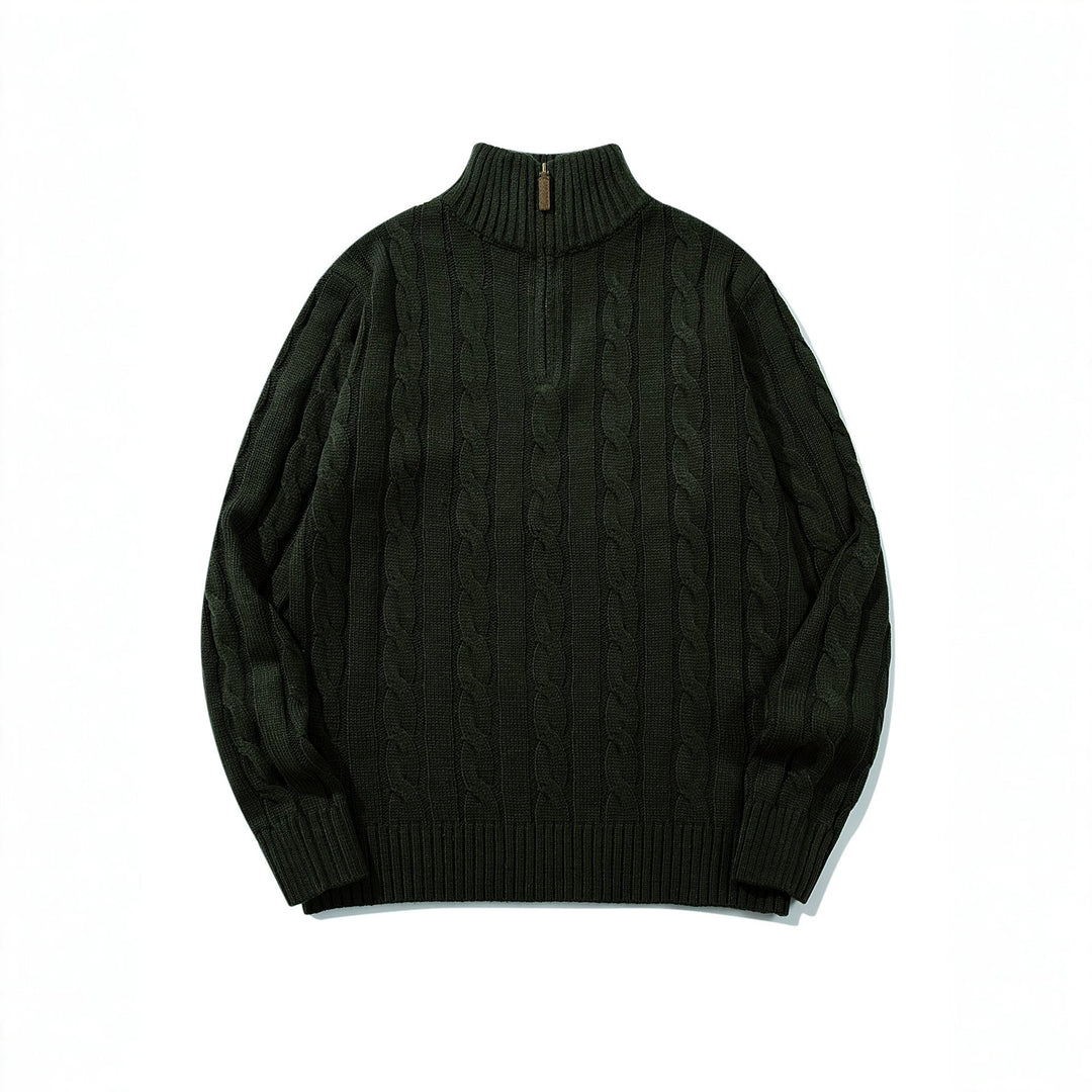 Unisex Zopfmuster-Halbzip-Pullover mit hohem Rippkragen und Oversize-Schnitt Echoarchiv