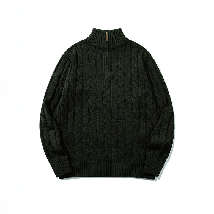 Unisex Zopfmuster-Halbzip-Pullover mit hohem Rippkragen und Oversize-Schnitt Echoarchiv