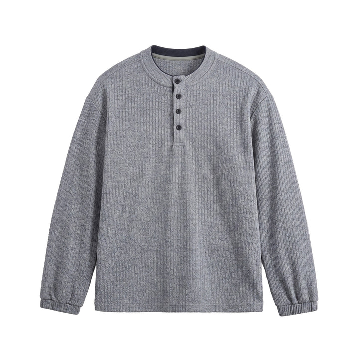 Herren Rippstruktur-Henley-Pullover mit Stehkragen und Knopfleiste Echoarchiv