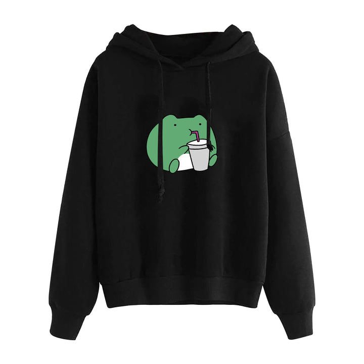Damen kurz geschnittener Cropped-Kapuzenpullover mit niedlicher Frosch-Illustration und verstellbarer Kapuze – Auréline