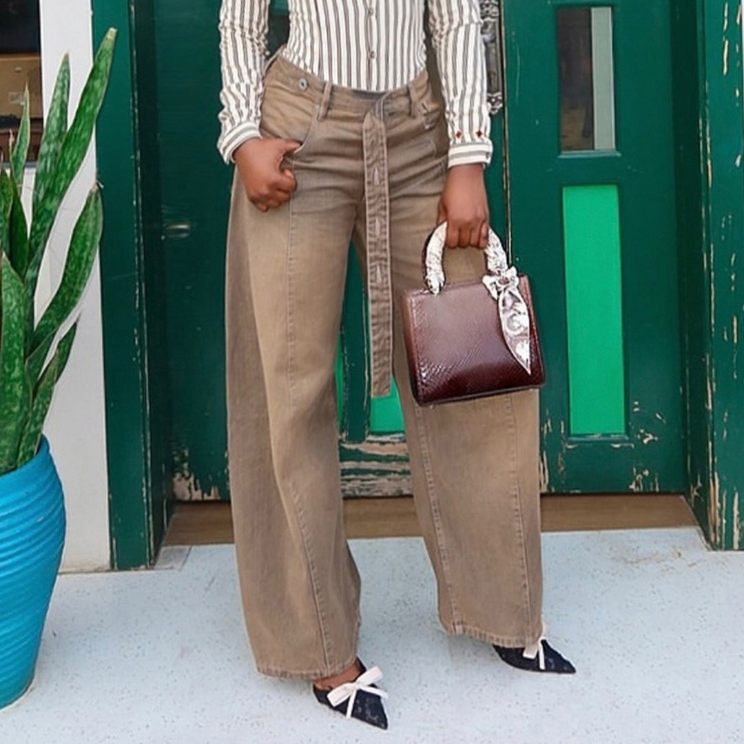 Damen Hochtaillierte weite Denim-Hose mit breitem Bindegürtel Echo Archiv
