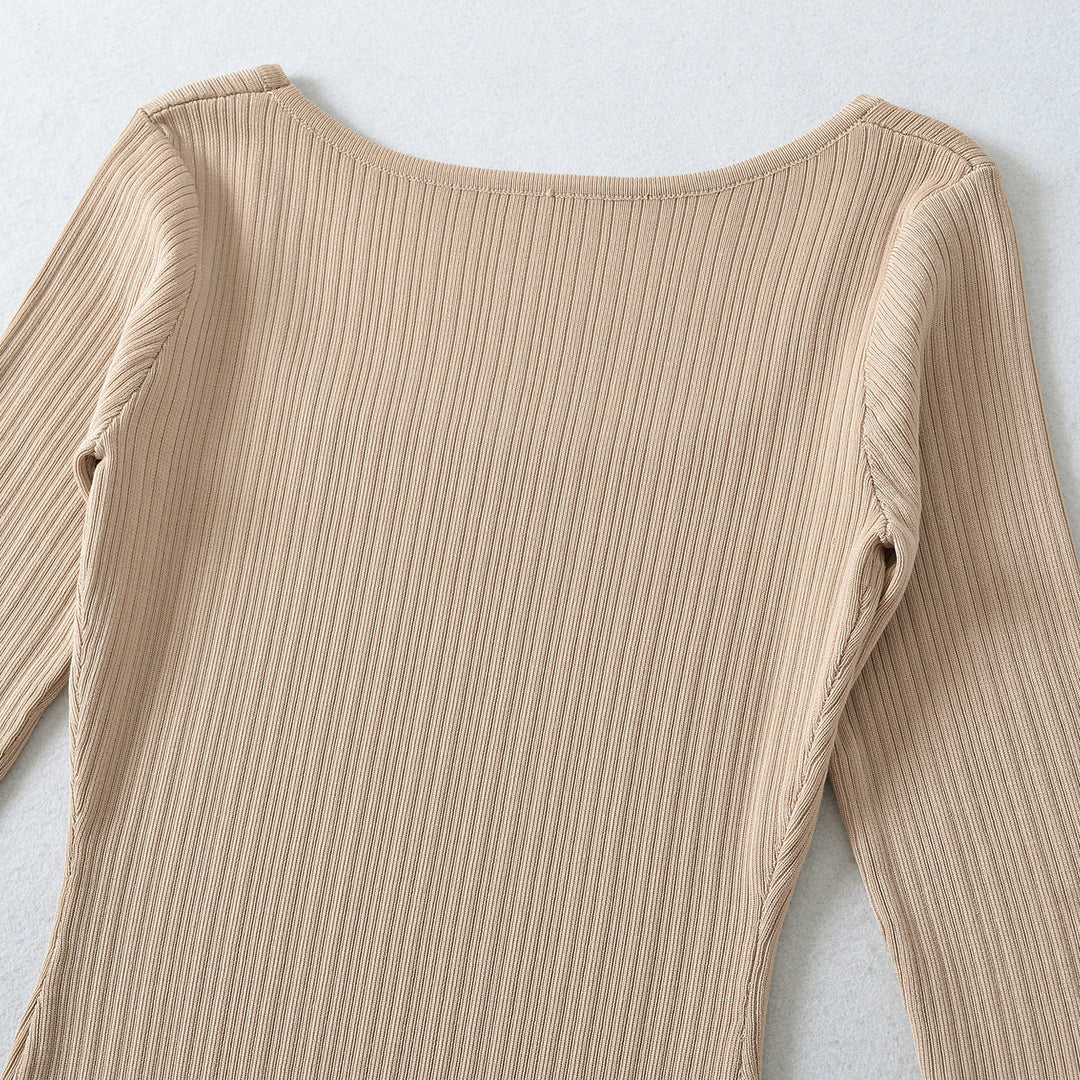 Damen Geripptes Midikleid mit quadratischem Ausschnitt und dreiviertelärmeln Echoarchiv