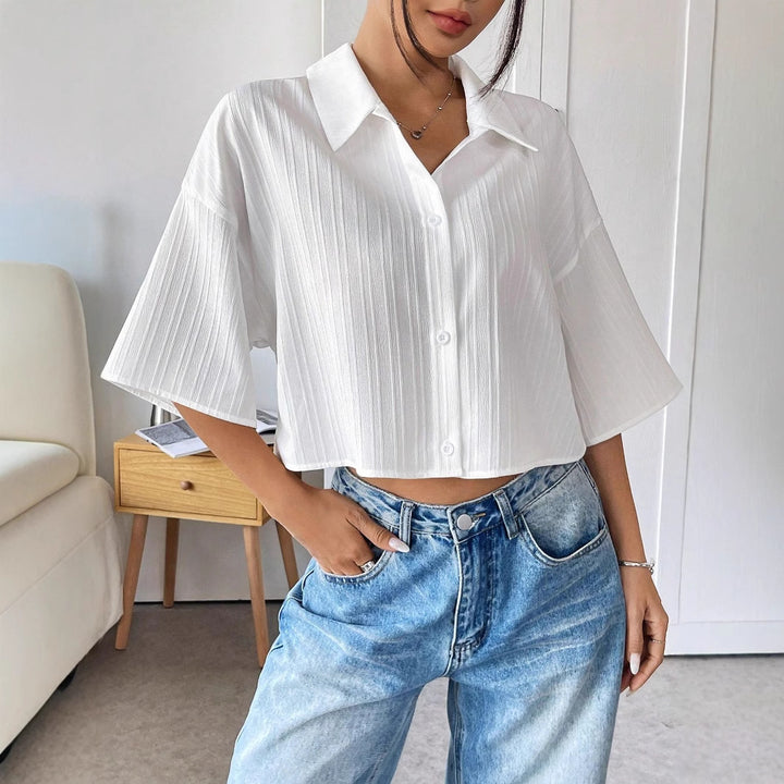 Damen nan weite Kurzbluse mit Hemdkragen und feiner Plissee-Struktur Echo Archiv