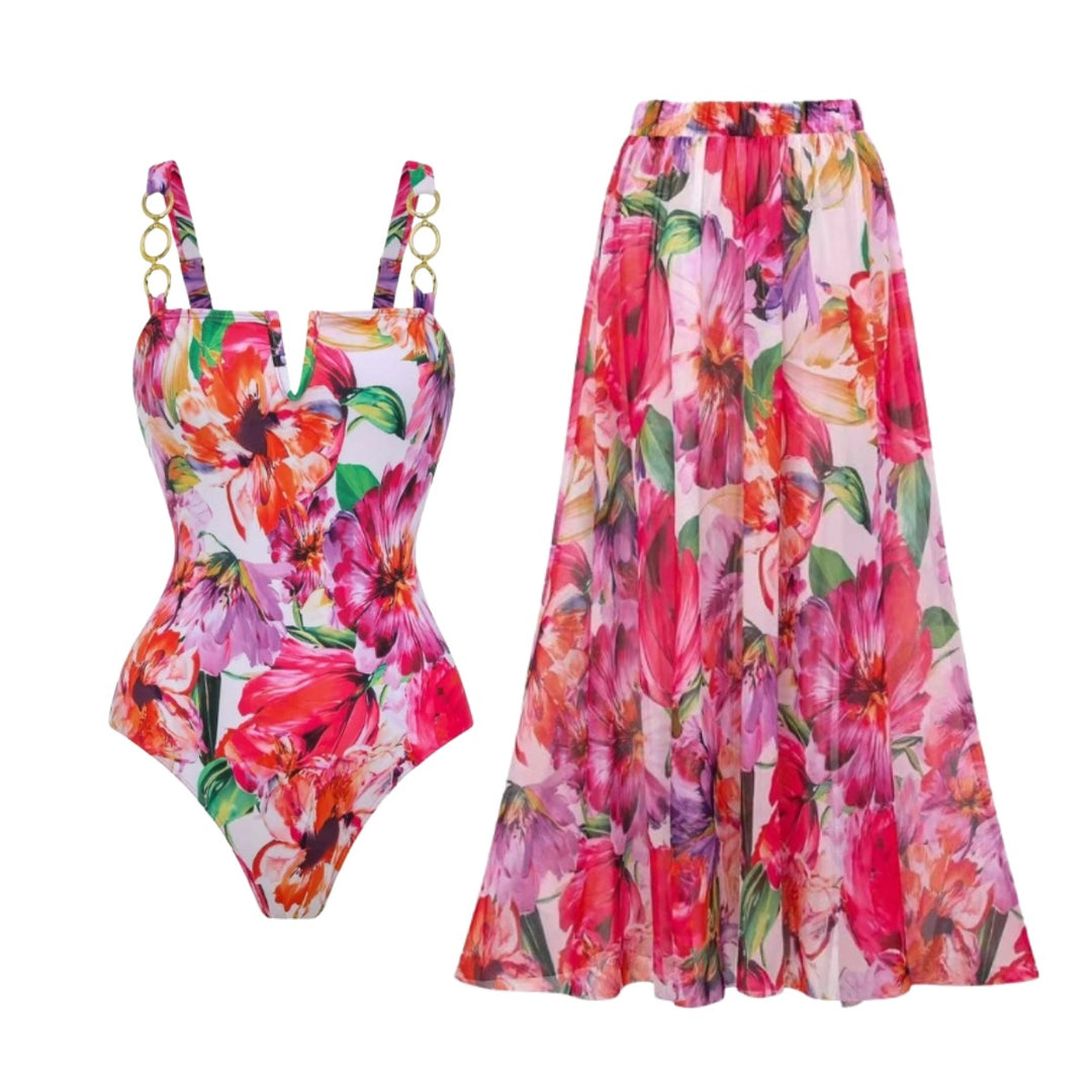 Damen eleganter Badeanzug mit floralem Wickelrock Echo Archiv