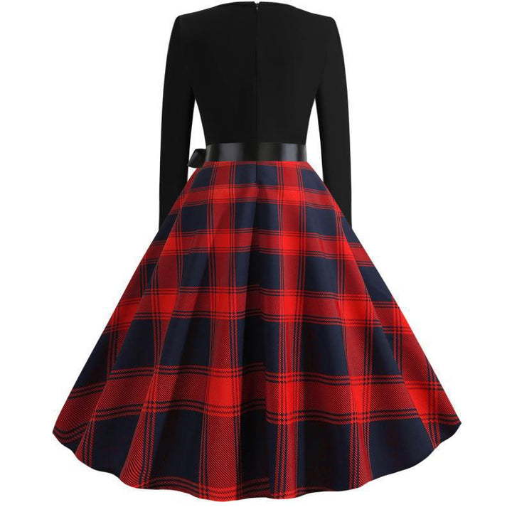 Damen Retro Swingkleid im Vintage-Stil mit geschwungener V-Kante, Satin-Taillenschleife und karierter Tellerrock – Élara