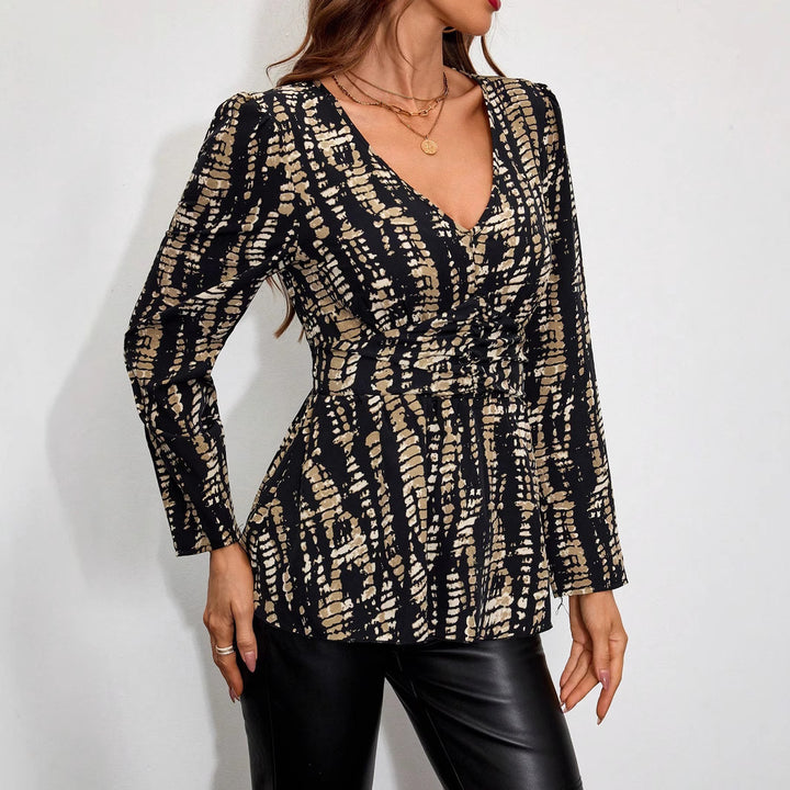 Damen V‑Ausschnitt Peplum-Bluse mit Wickeloptik und grafischem Print – Avérine
