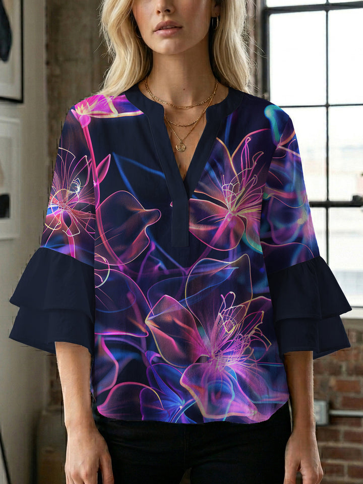 Damen Bluse mit voluminösen Rüschenärmeln und floralem Muster Echo Archiv