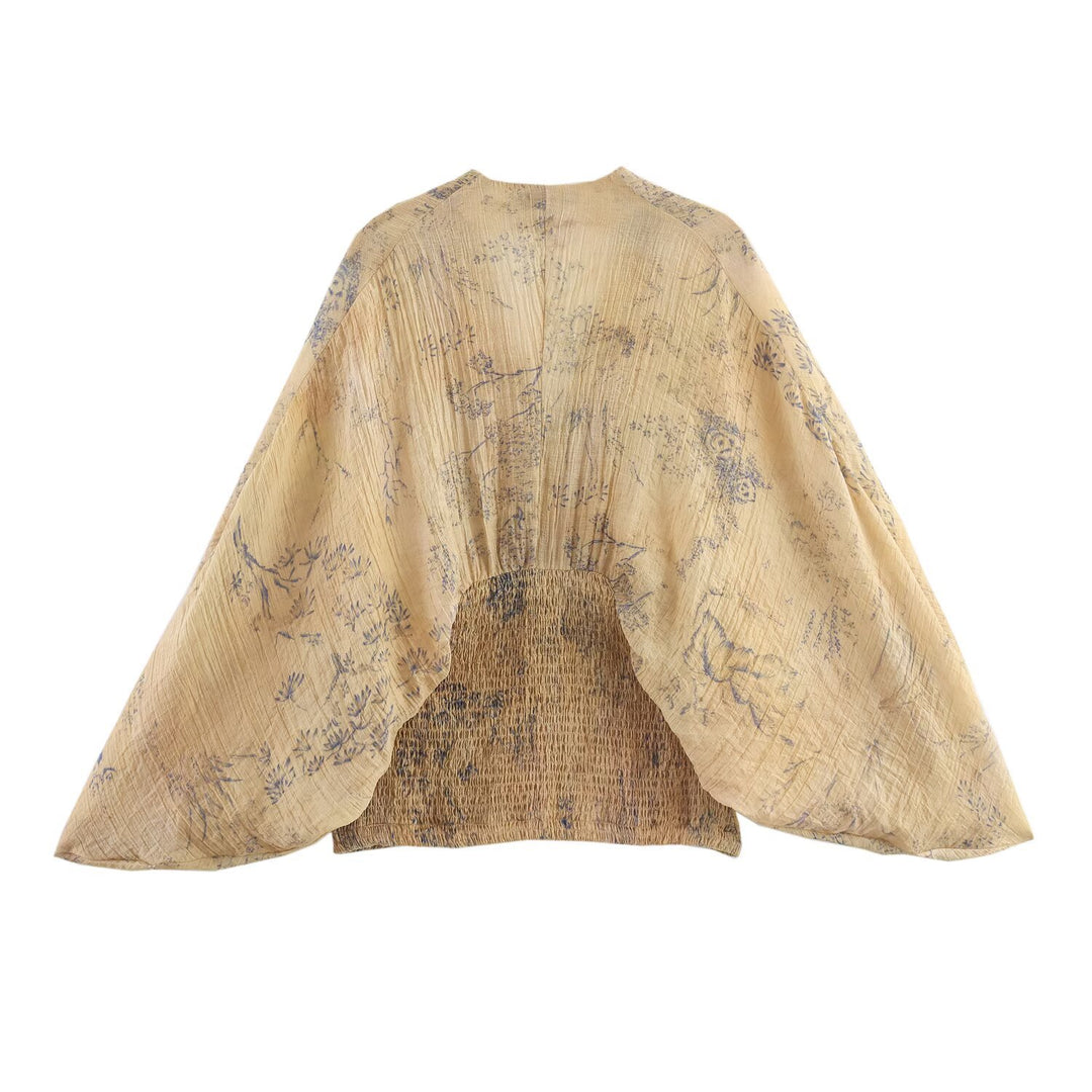 Damen 1000+ leichtes Cropped Kimono‑Top mit Smockbund und tiefem V‑Ausschnitt Echo Archiv