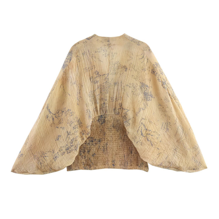 Damen 1000+ leichtes Cropped Kimono‑Top mit Smockbund und tiefem V‑Ausschnitt Echo Archiv