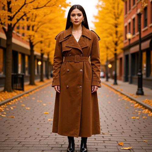 Damen Eleganter langer Taillentrenchcoat mit doppelreihiger Knopfleiste und ausgestelltem Saum Echo Archiv