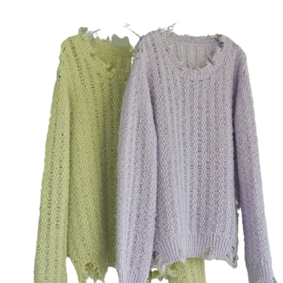 Damen Oversize-Strickpullover mit Ajourmuster, Flauschiger Mohair‑Look und Destroy-Detail Echoarchiv