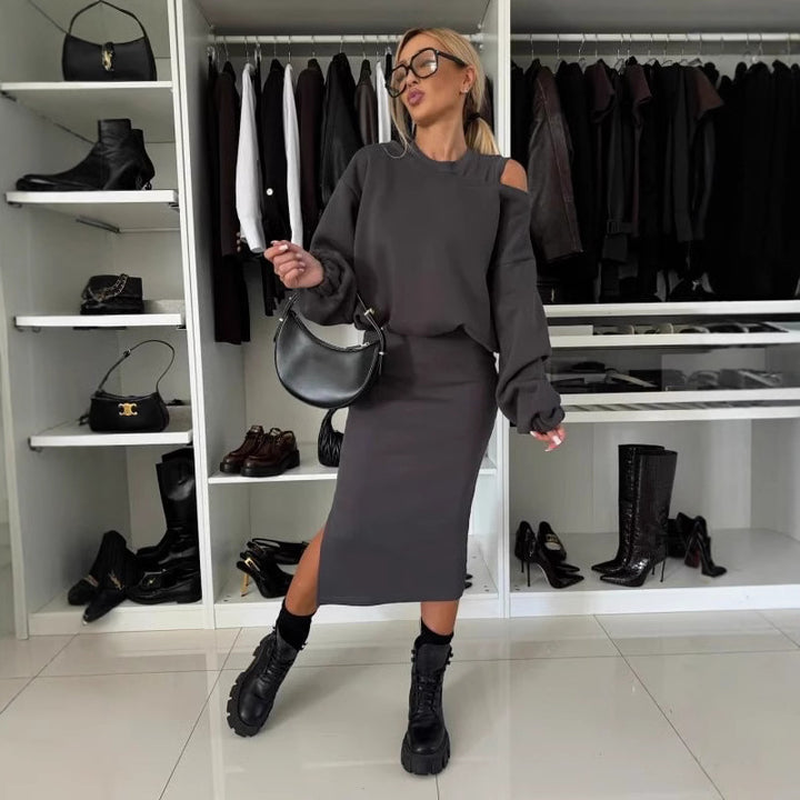 Damen Bequemes Sweatset mit Ein-Schulter-Ausschnitt und Taillierter Midi-Rock Echoarchiv