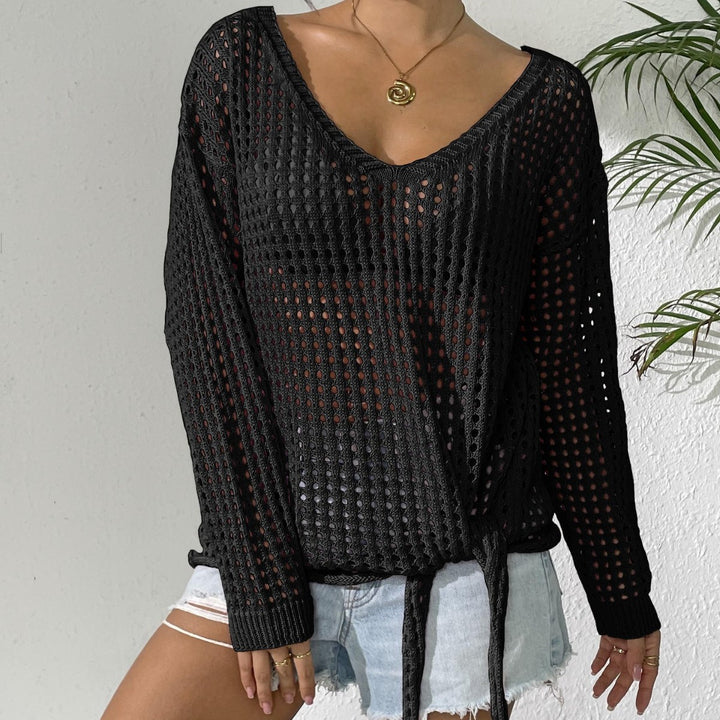 Damen luftiger Strickpullover mit V-Ausschnitt und dekorativem Knoten Echo Archiv