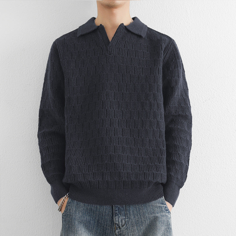 Herren Feinstrick-Polo-Pullover mit Strukturstrick und offenem V-Ausschnitt Echoarchiv