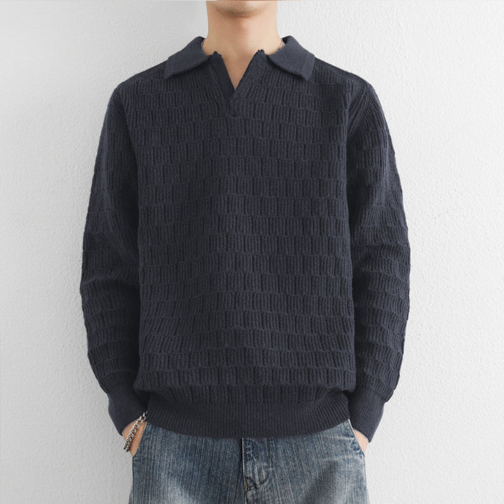 Herren Feinstrick-Polo-Pullover mit Strukturstrick und offenem V-Ausschnitt Echoarchiv