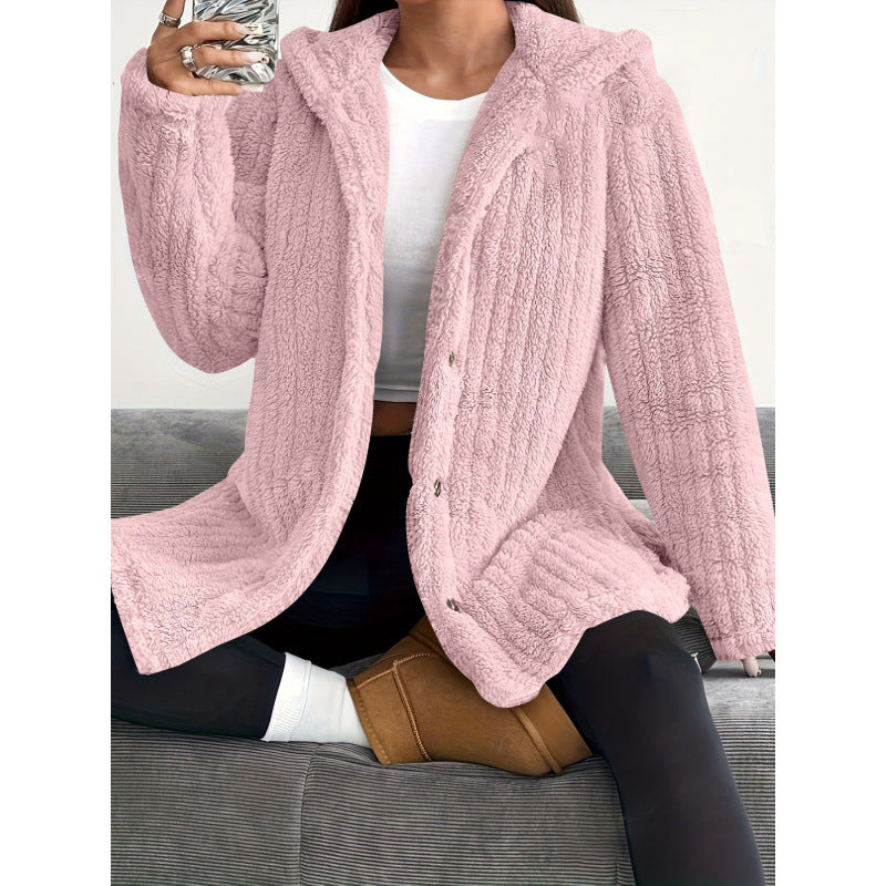 Damen Kapuzen-Teddy-Mantel mit Knopfleiste und Oversize-Schnitt Echo Archiv
