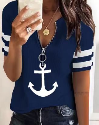Damen Maritimes Kurzarm-Oberteil mit Reißverschluss und Ankerdesign – Avérine