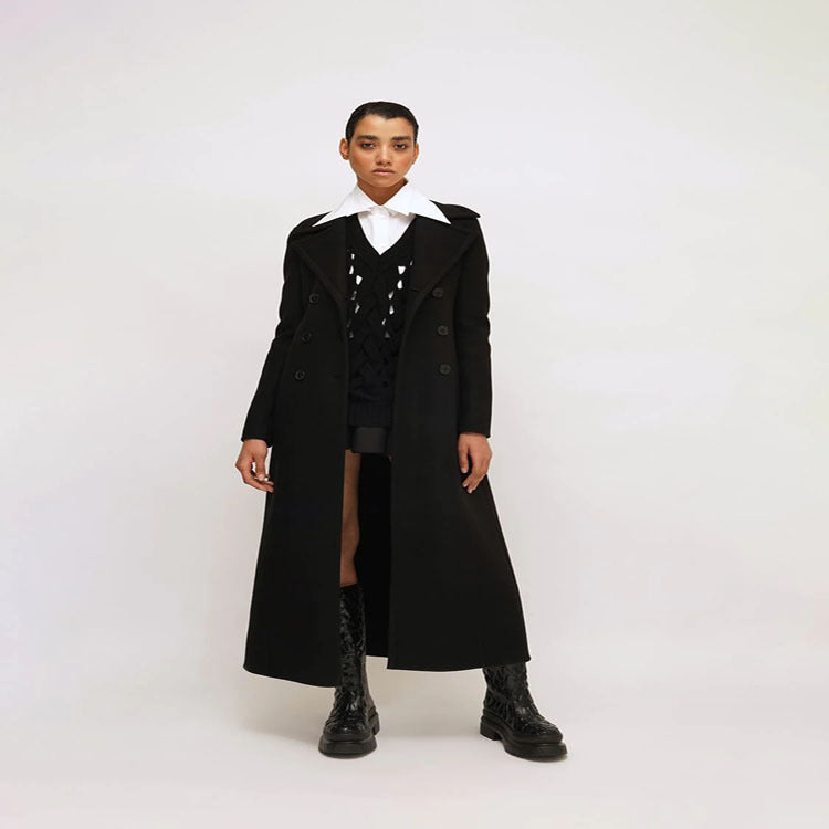 Damen Eleganter bodenlanger Wollmix‑Longcoat im Clean‑Cut Doppelreiher mit strukturierter Schulterpartie Echoarchiv