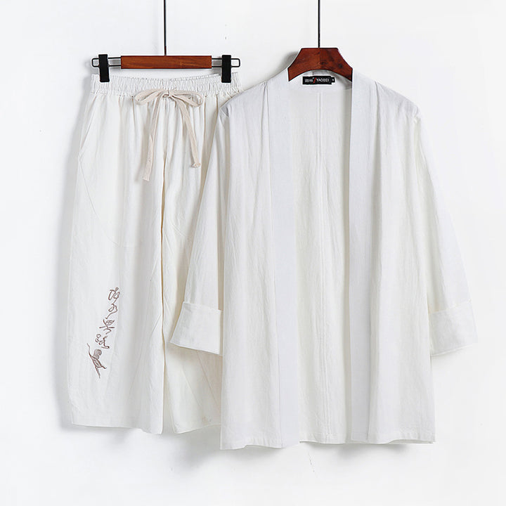 Damen Kimono-Set aus leichter Baumwollmischung offene Jacke mit lässig gekrempelten Ärmeln und weiter Haremshose mit Kordelzug Echoarchiv