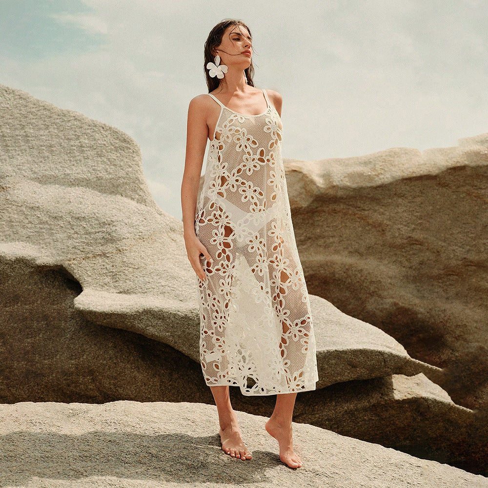 Damen elegantes transparentes Strandkleid mit floralen Häkelverzierungen Echo Archiv