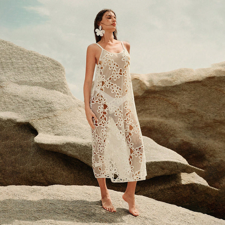 Damen elegantes transparentes Strandkleid mit floralen Häkelverzierungen Echo Archiv