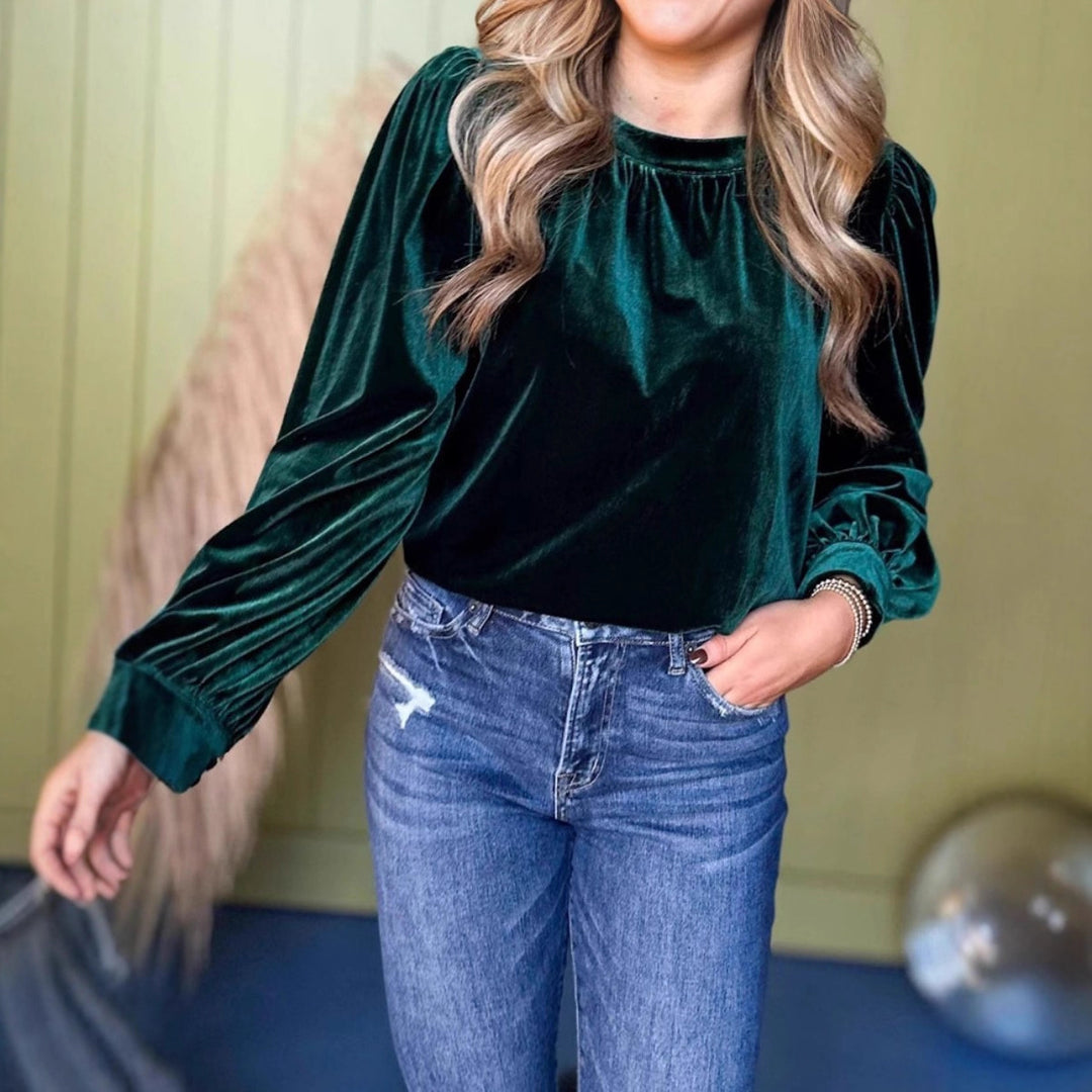 Damen Samtbluse mit Ballonärmeln und gerafftem Stehkragen – Élovi