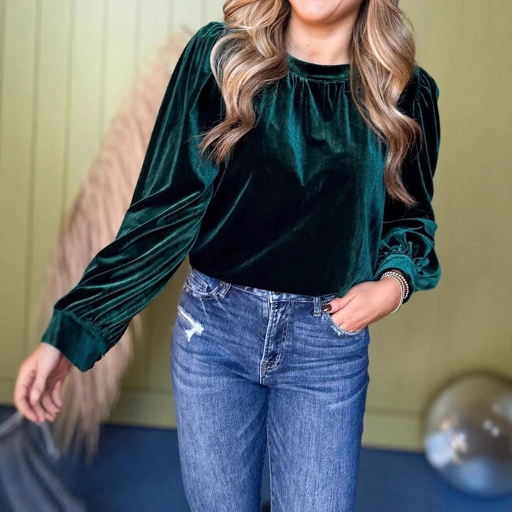 Damen Samtbluse mit Ballonärmeln und gerafftem Stehkragen – Élovi