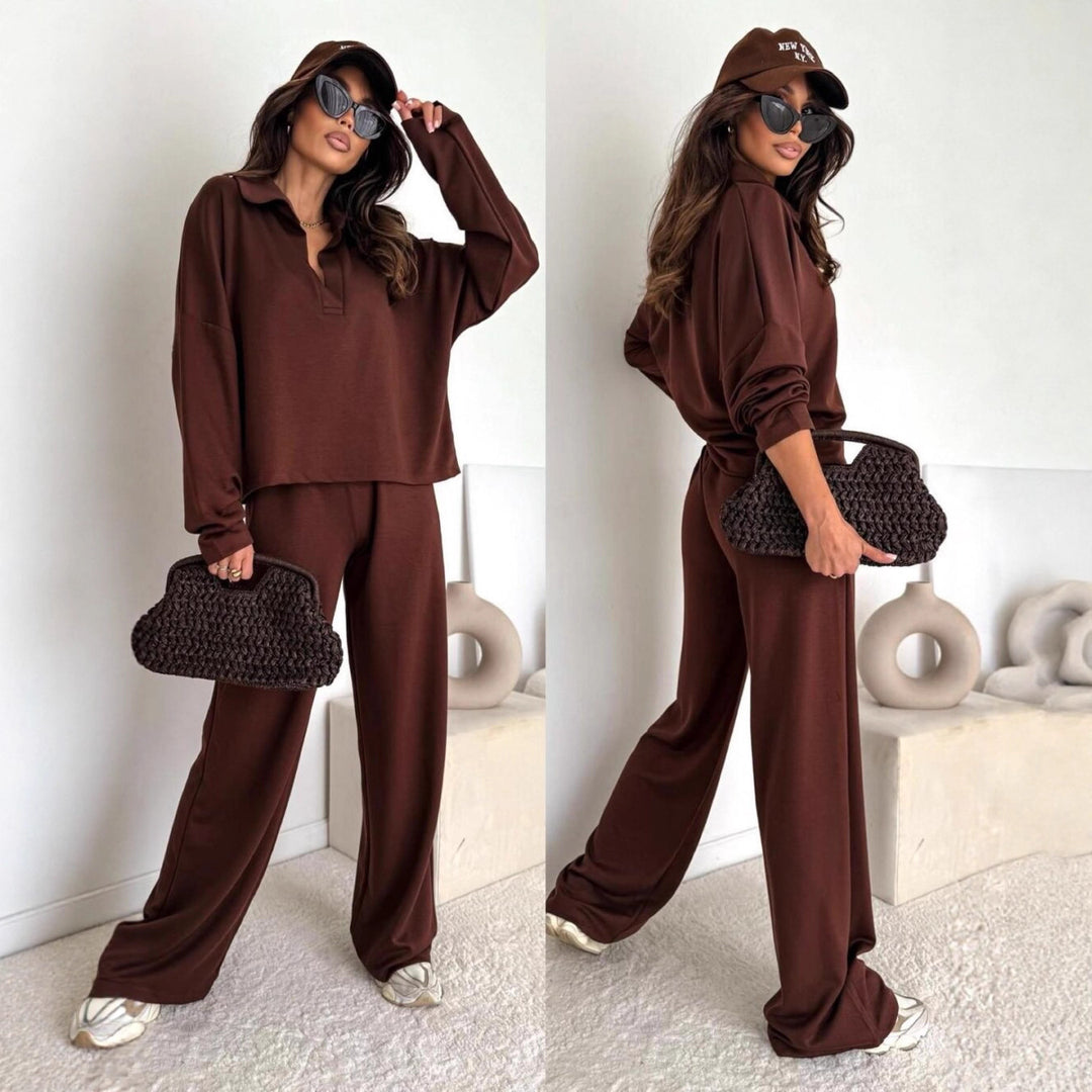Damen Loungewear-Zweiteiler mit Hemdkragen-Cropped-Sweatshirt und weiter Palazzo-Hose – Élanora
