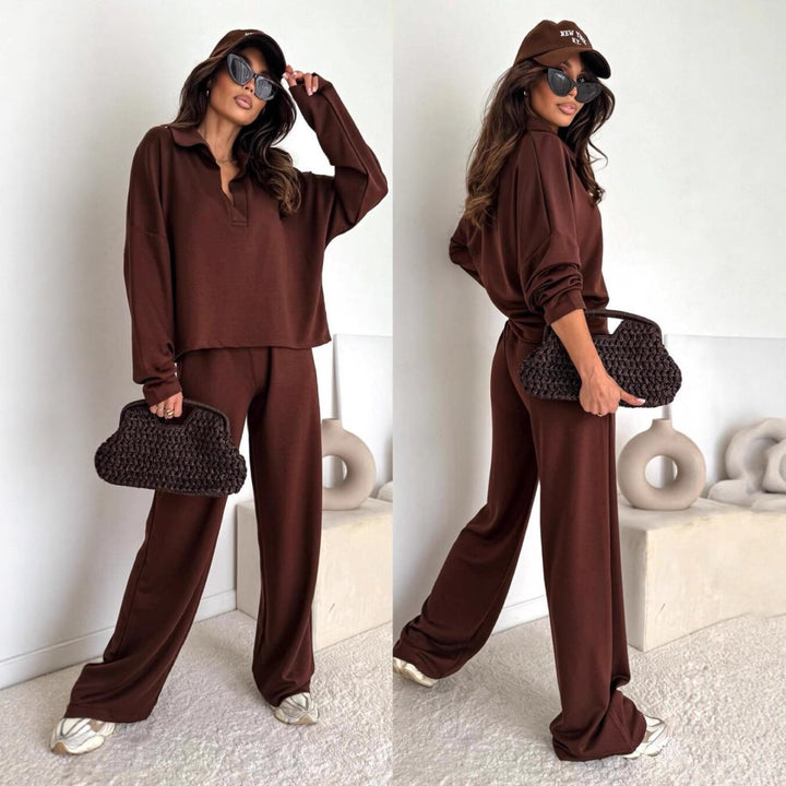 Damen Loungewear-Zweiteiler mit Hemdkragen-Cropped-Sweatshirt und weiter Palazzo-Hose – Élanora