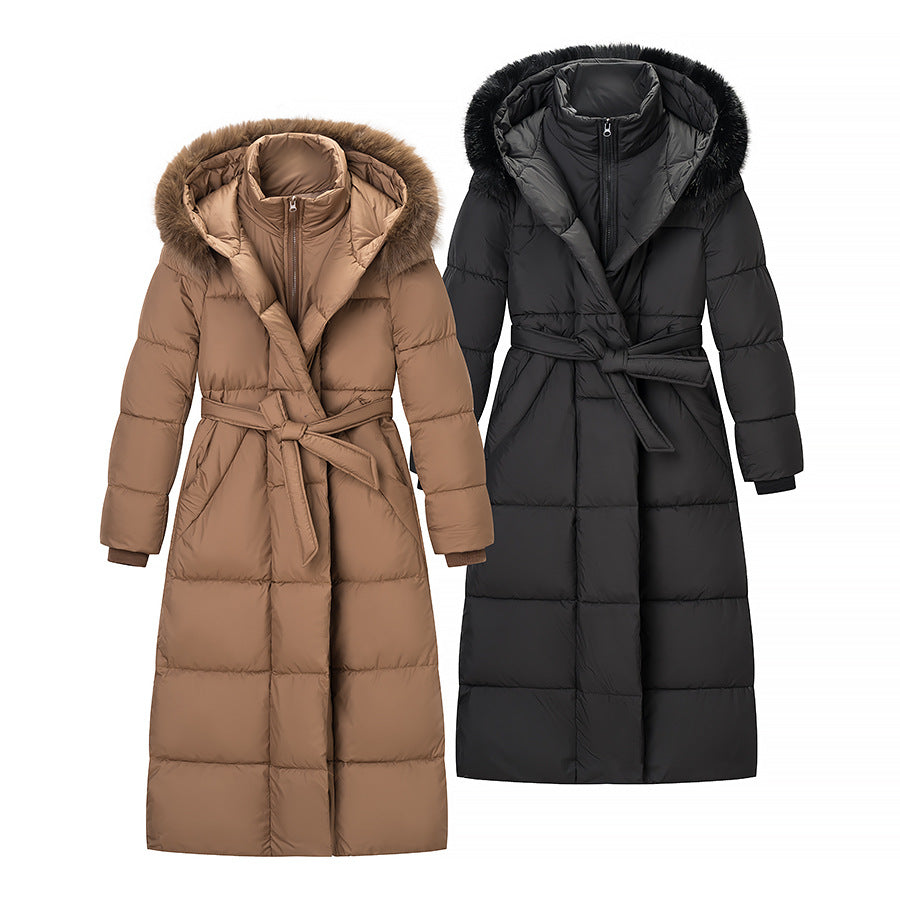 Damen Wattierter Longline-Mantel mit Kapuze und Taillengürtel Echo Archiv