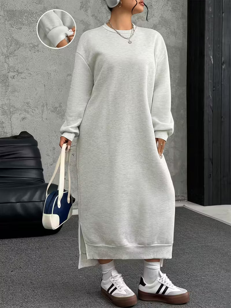 Damen Oversize-Sweatkleid Midilänge mit Seitenschlitzen und Rippbündchen – Lunéa